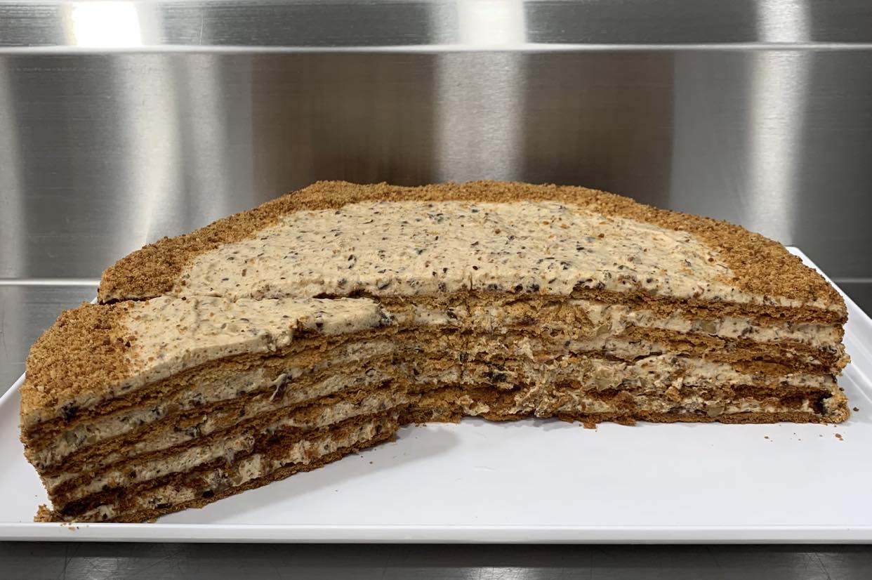 Walnut Honey Cake showing its handmade layers
